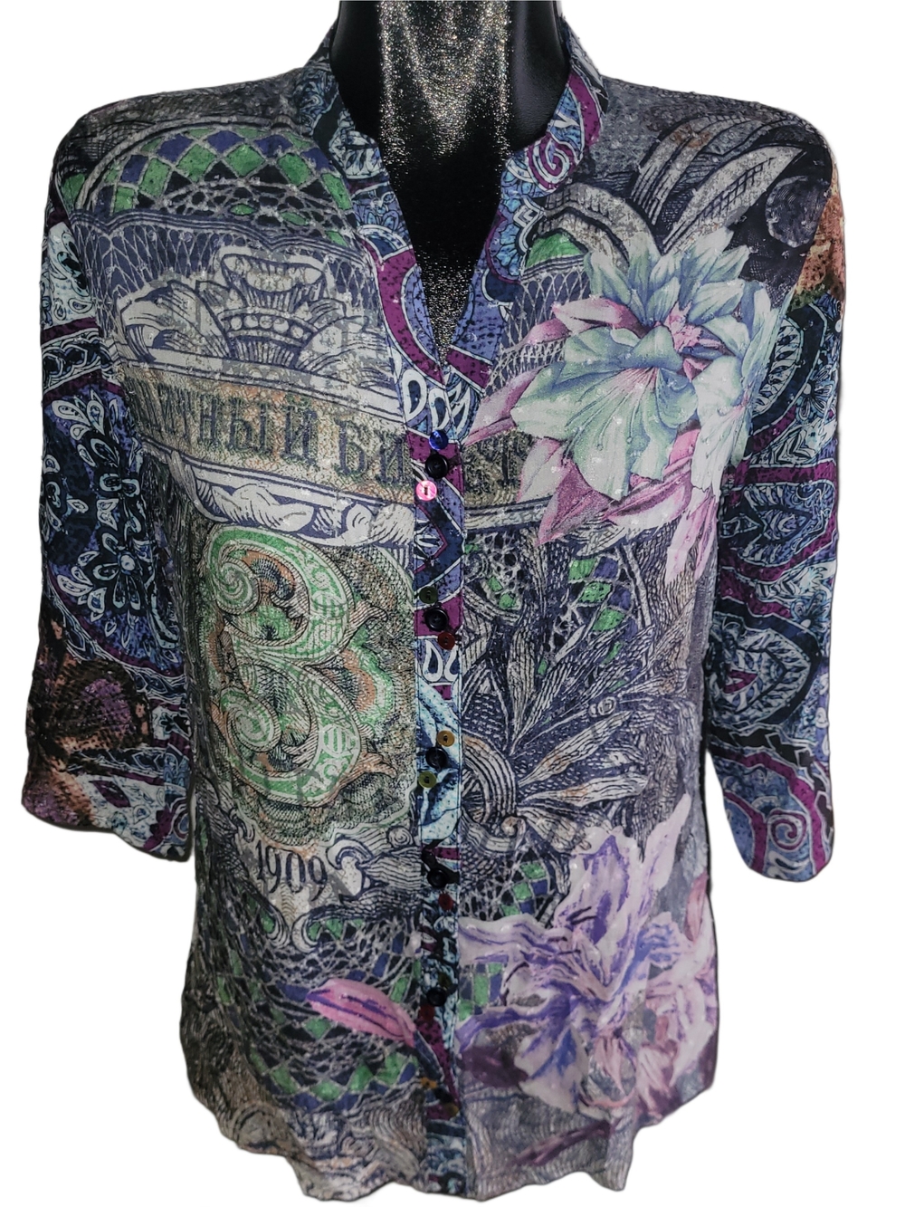 Desigual Floral Paisley Quarter Sleeve Top With Colorful Button Placket Size M